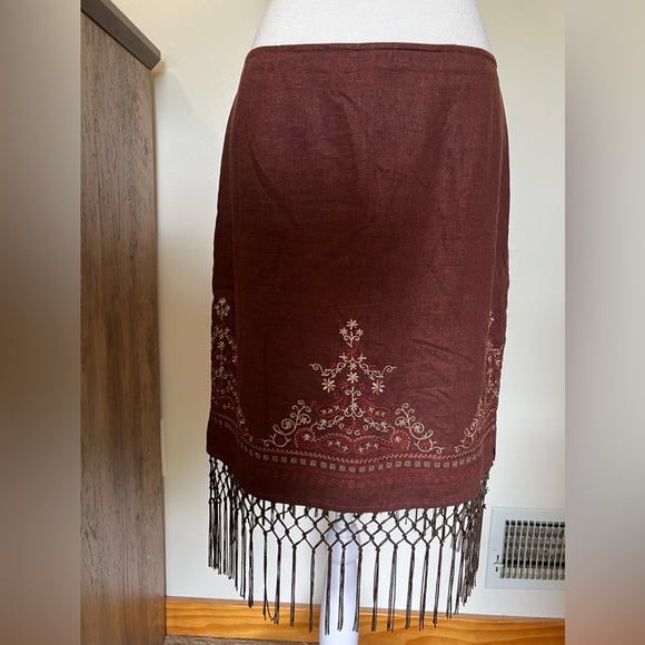 Vintage B.Moss Brown Linen Embroidered Fringe Skirt Size 8 - Picture 4 of 15